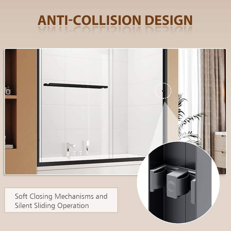 Elegant Double Sliding Shower Door with 1/4 inch Clear Tempered Glass in Matte Black Tub Door