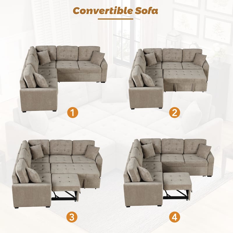 Brown 82.6" Convertible L-Shaped 5-Seat Sectional Sofa with Wheels, Pull-Out Bed, USB Ports, and Power Outlets