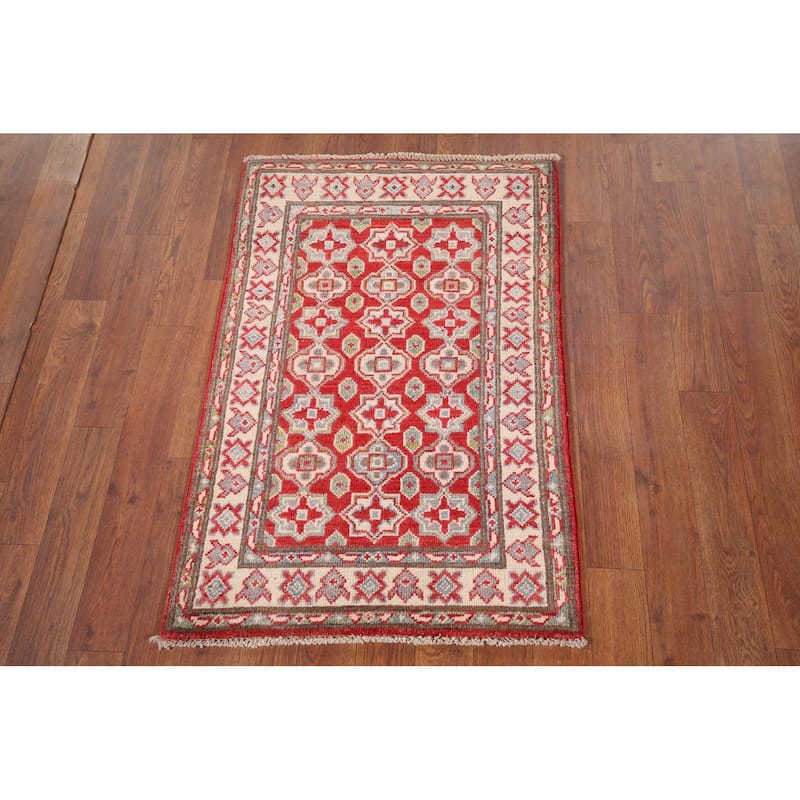 Geometric Kazak Foyer Rug Handmade Oriental Red Wool Carpet - 2'0" x 3'0"