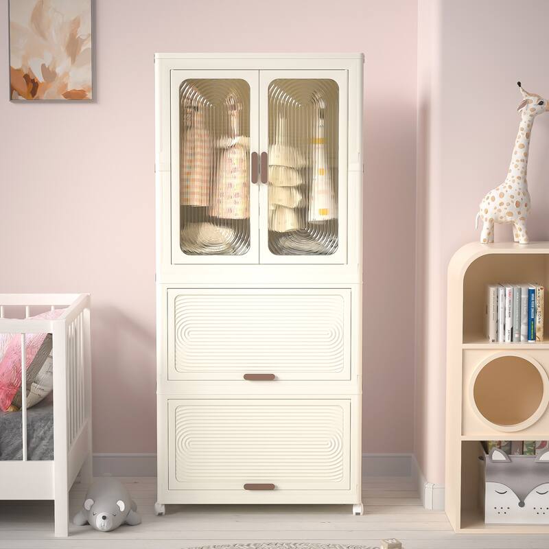 Portable Baby Wardrobe Closet with Magnetic Doors, Hanging Rod, 10 Hangers, White