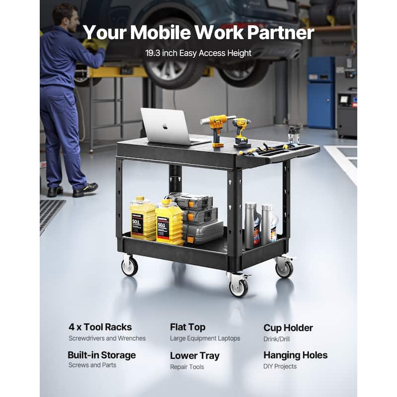 2-Shelf Utility Cart with Wheels, Heavy Duty Service Cart for Workshop - 44 x 25.5 x 34.1 in