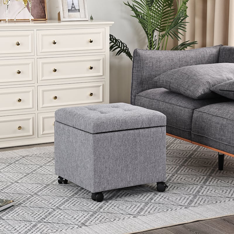 Adeco Bonded Leather Storage Ottoman Square Tufted Cube Footstool