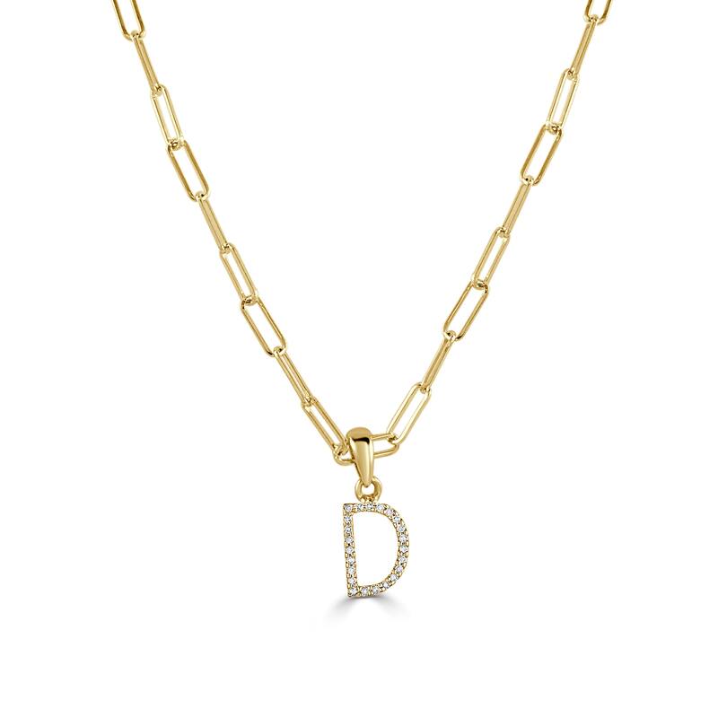 Joelle Collection Diamond Initial Letter Necklace Paperclip 14K Gold 16-inch Chain 1/10 TDW Necklace - D - Yellow