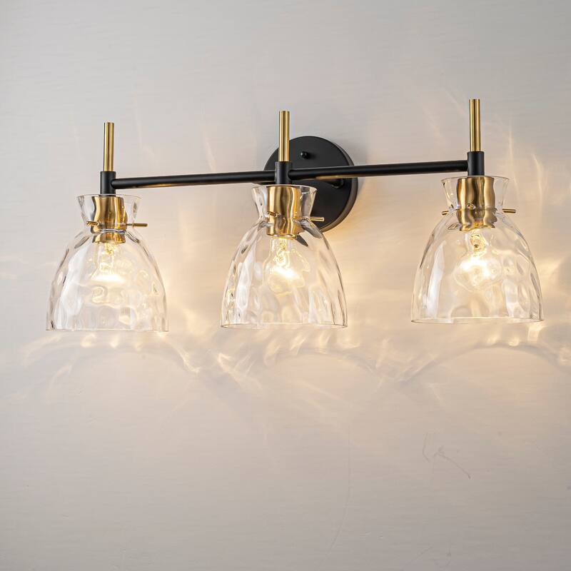 1-Light/3-Light Matte Black and Antique Brass Bathroom Vanity Light with Water-Rippled Glass Shade - 24 in. W x 10.1 in. H x  6.7 in. D