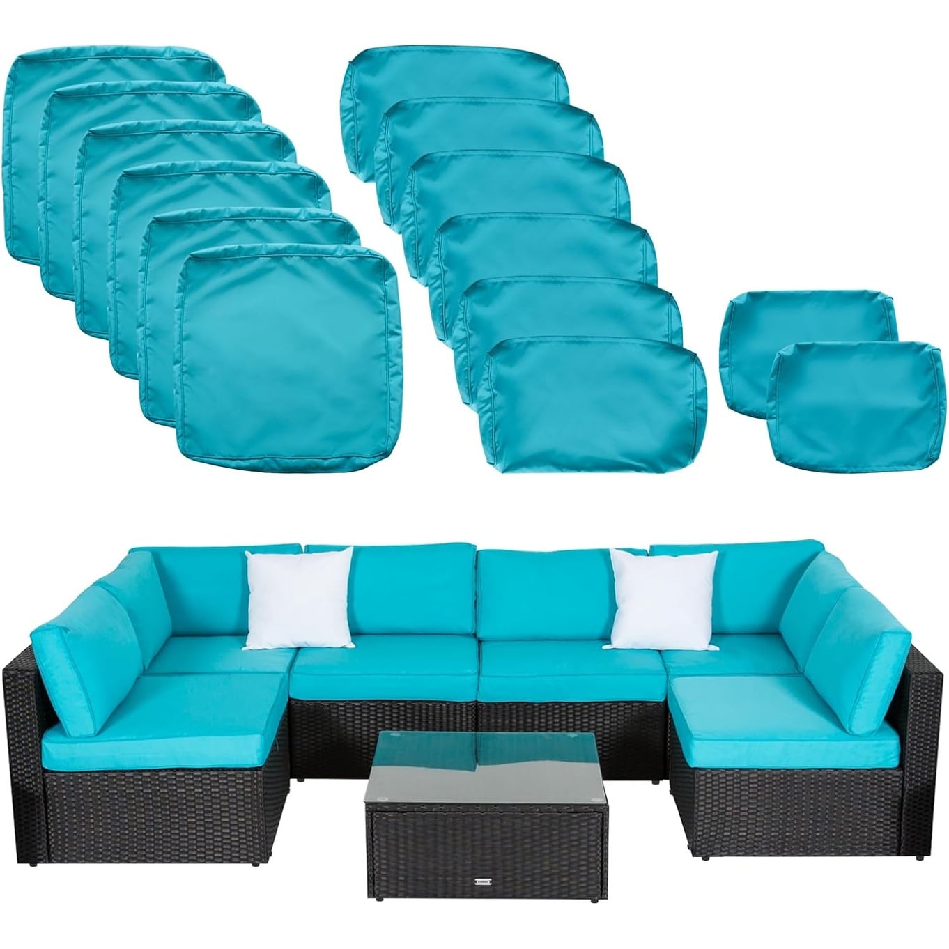 7-Piece Outdoor Patio Sofa Chair Cushion Covers with Washable, Water-Resistant Turquoise Fabric