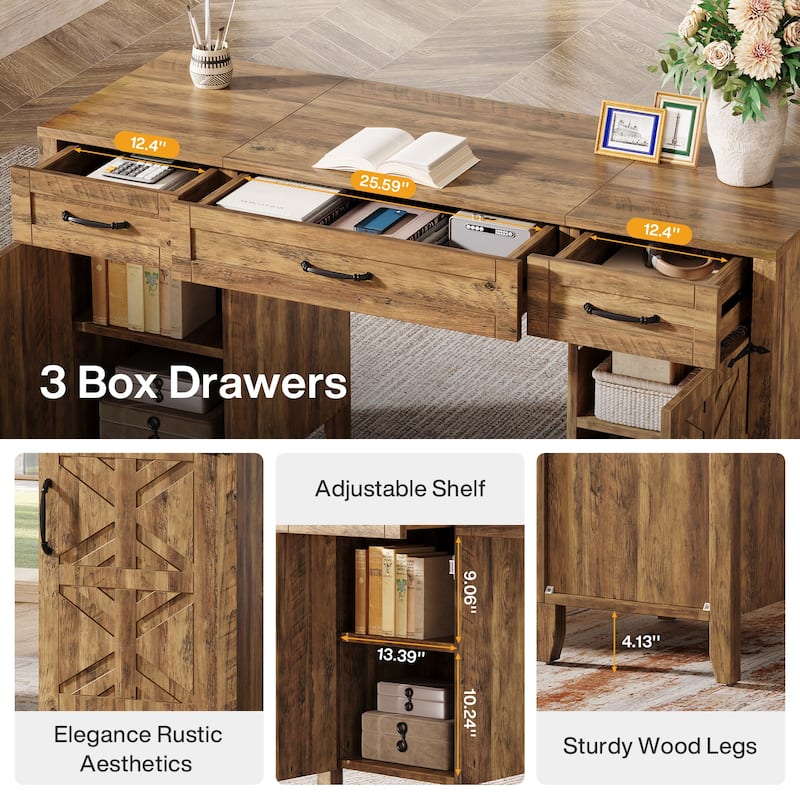 59 Inches Farmhouse Computer Desk with Storage Cabinets and Drawers