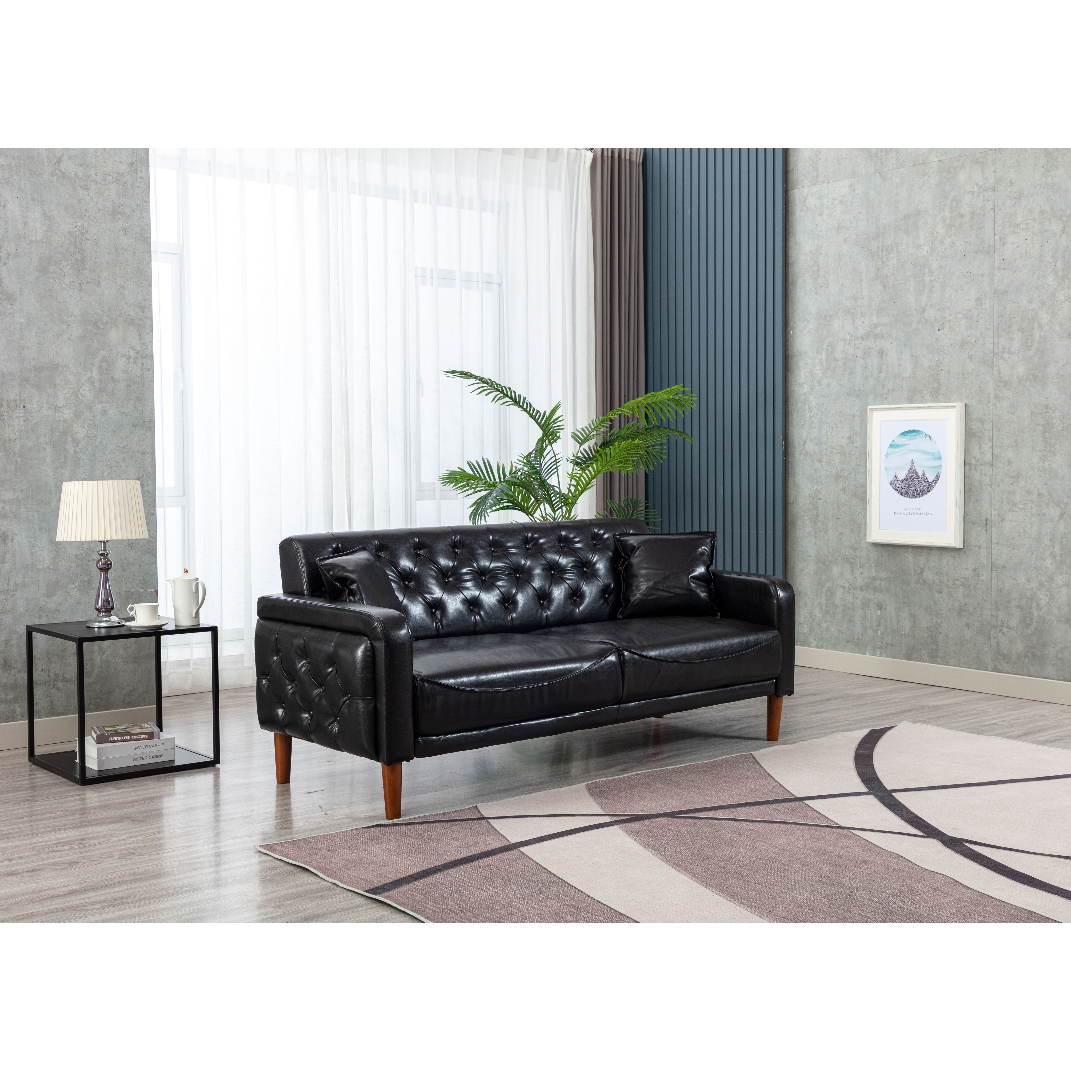 3 Seater Modern Tufted Buttons Couch PU Leather Sofa w Throw