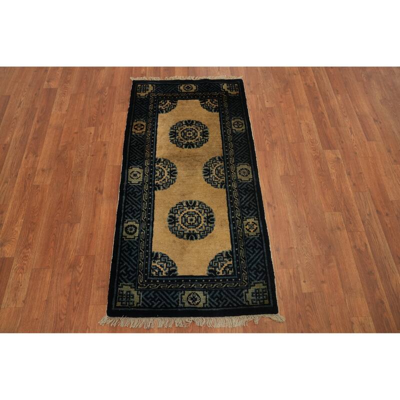 Hand Knotted Oriental 100% Wool Carpet Traditional Geometric Yellow & Gold Art Deco Area Rug - 4' 2'' X 2' 2''
