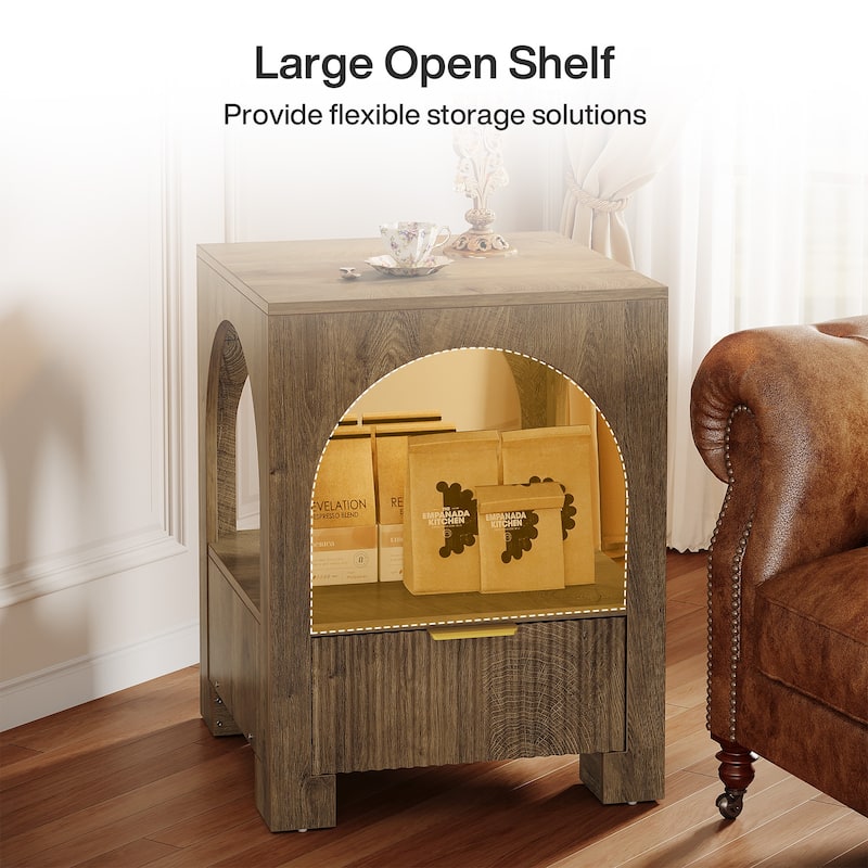 Wood Nightstand with Drawer & Open Shelf, 2-Tier Side Table, End Table, Bedside Table for Bedroom, Living Room