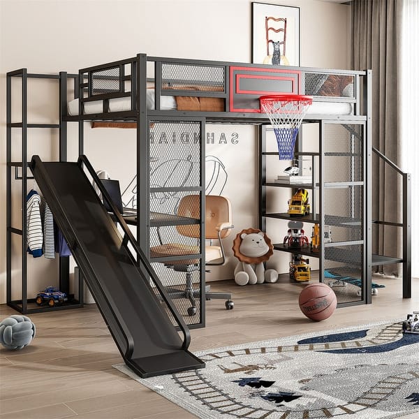 slide 2 of 24, Full Size Metl Loft Bed with Open Wardrobe, Slide and Bulit-in Desk, Kids Loft Bedframe with Basketball Hoop and Storage Shelves Black