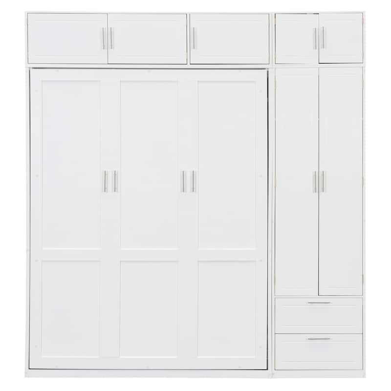 Queen Size Murphy Bed with Storage - Space-Saving Wall Bed with 3 Cabinets, Wardrobe and 2 Drawers