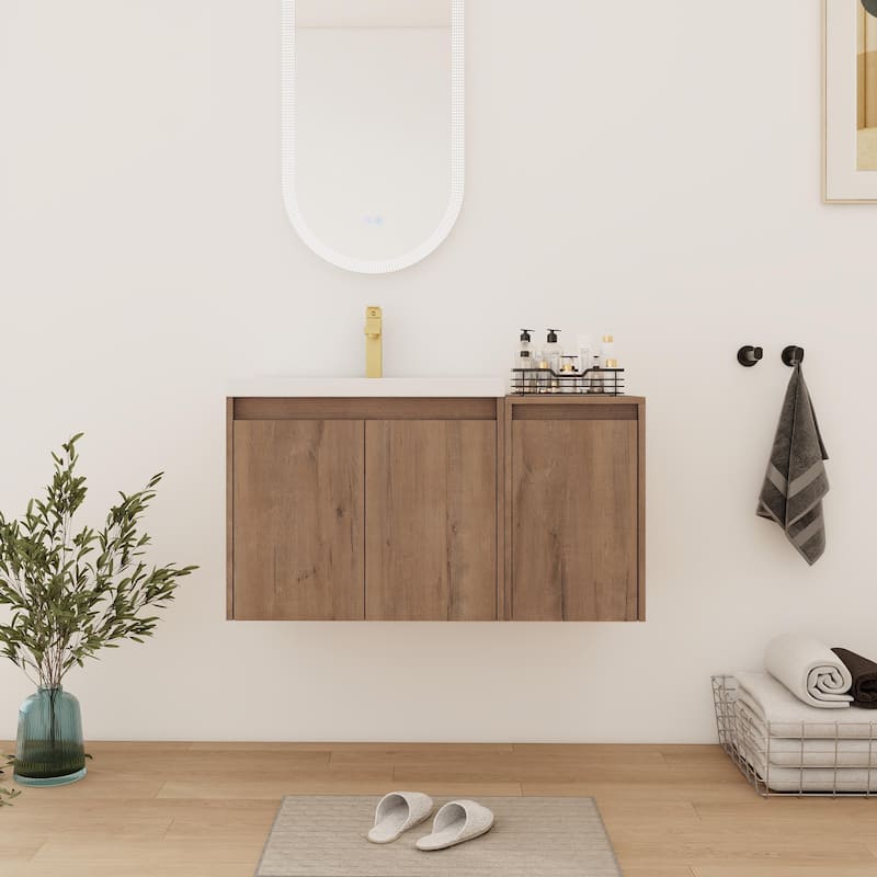 Bathroom Vanity With Sink In 24/36/48 Inch, Floating Bathroom Vanity With Soft Close Door - 35.44''W×18.13''D×20.5''H - Imitative Oak