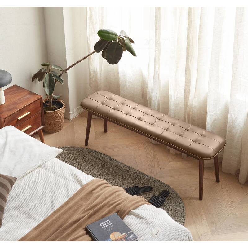 Versatile Oak Wood Bench with Leather Cushion for Various Rooms