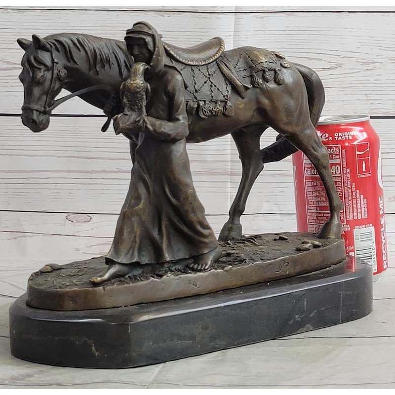 Original Aldo Vitaleh Arab Man Holding Falcon Walking His Horse Bronze Sculpture