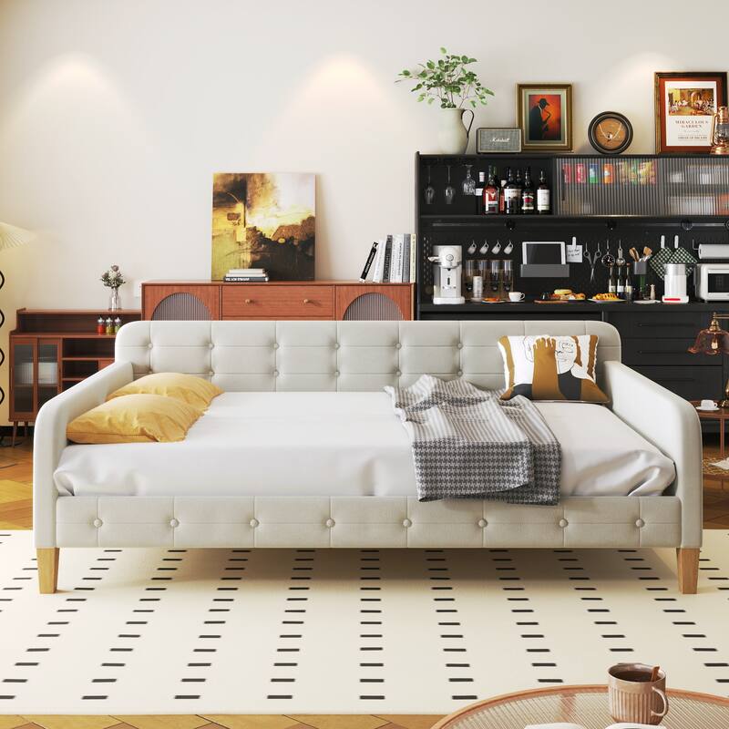 Full Size Velvet Upholstered Daybed Frame with Tufted Backrest & 4 Legs