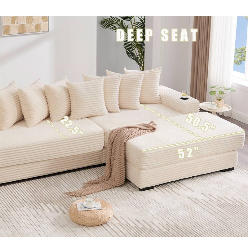 110.75" Corduroy Sectional Sofa, Convertible Sleeper Sofa Bed L-Shaped Upholstered Couch with Removable Footstool, Cup Holder