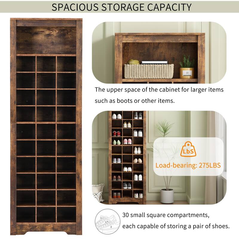Contemporary 30 Pair Shoe Storage Cabinet with Cubby Compartments, Free Standing Organizer