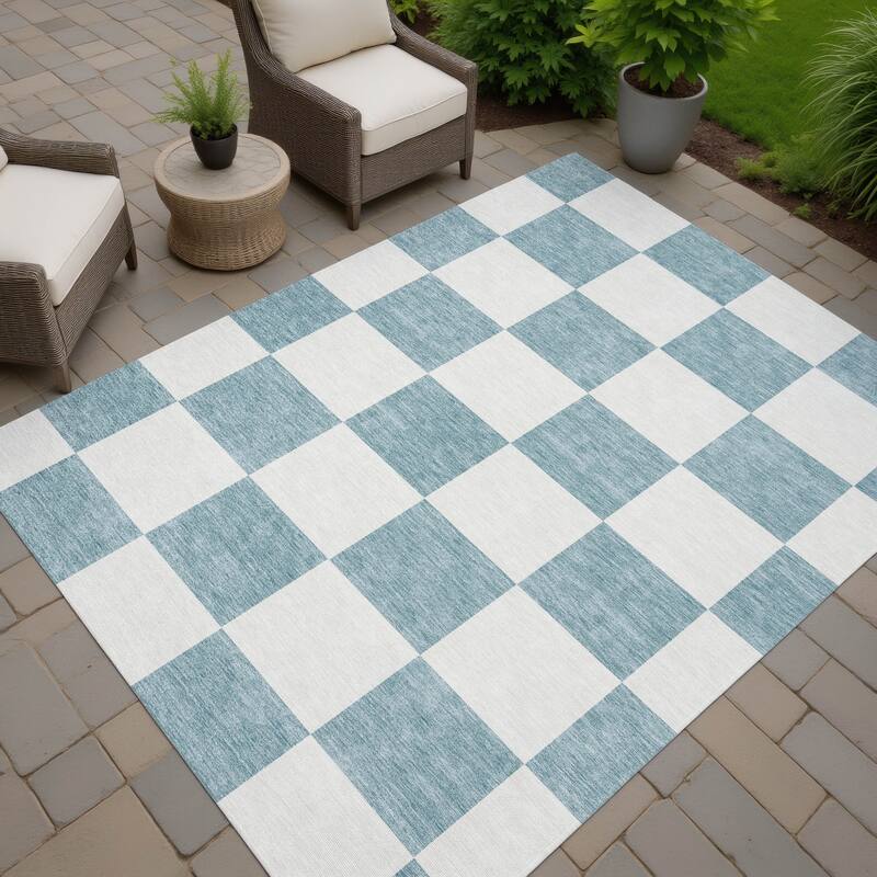 Machine Washable Indoor/ Outdoor Modern Checker Chantille Rug - Teal - 3' x 5'