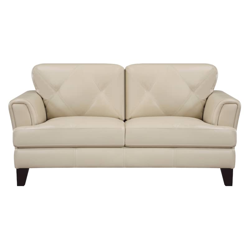 Lisa 71 Inch Loveseat, Cream Top Grain and Split Leather Brown Solid Wood