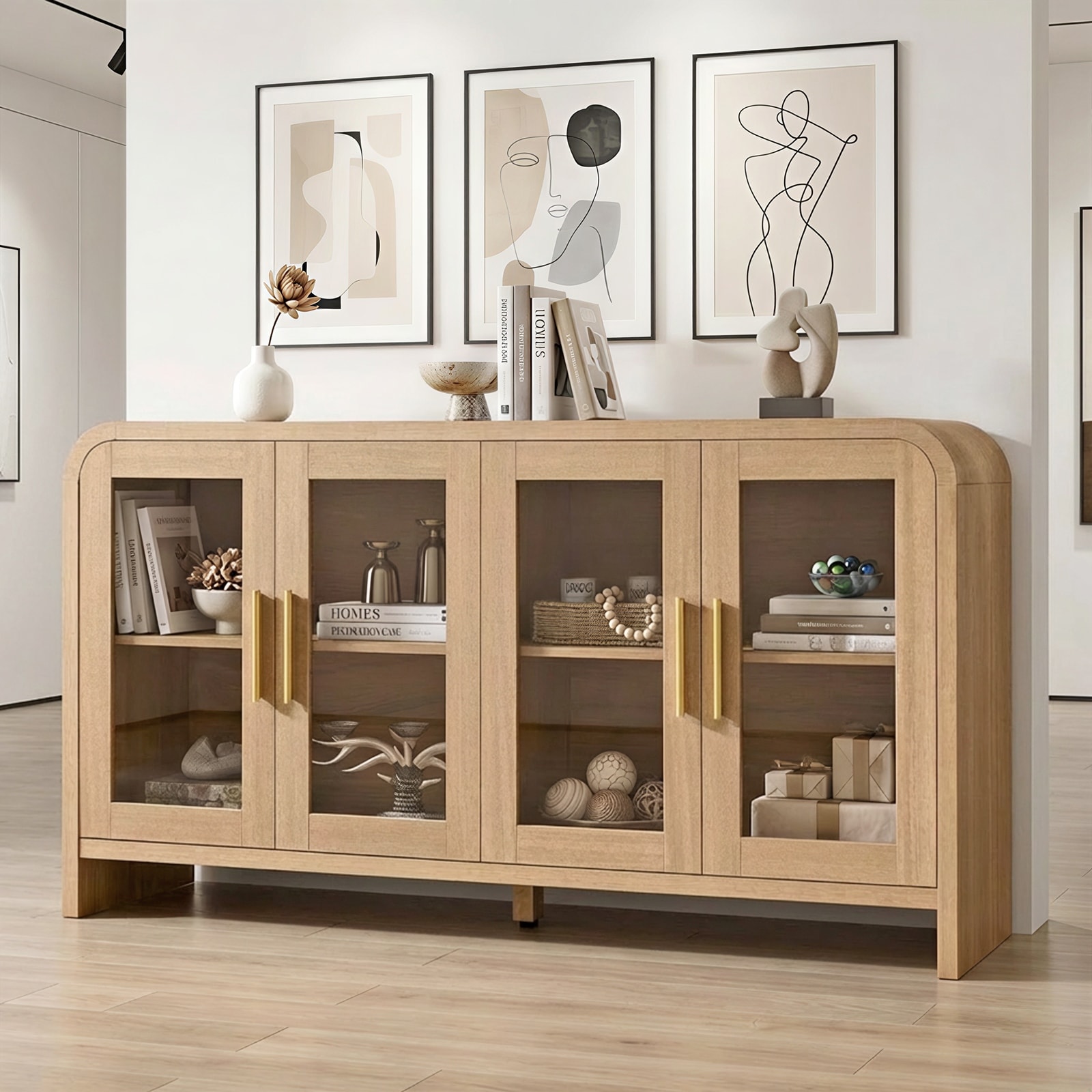 Modern Arched Sideboard with 3 Drawers & Tempered Glass Doors Dresser
