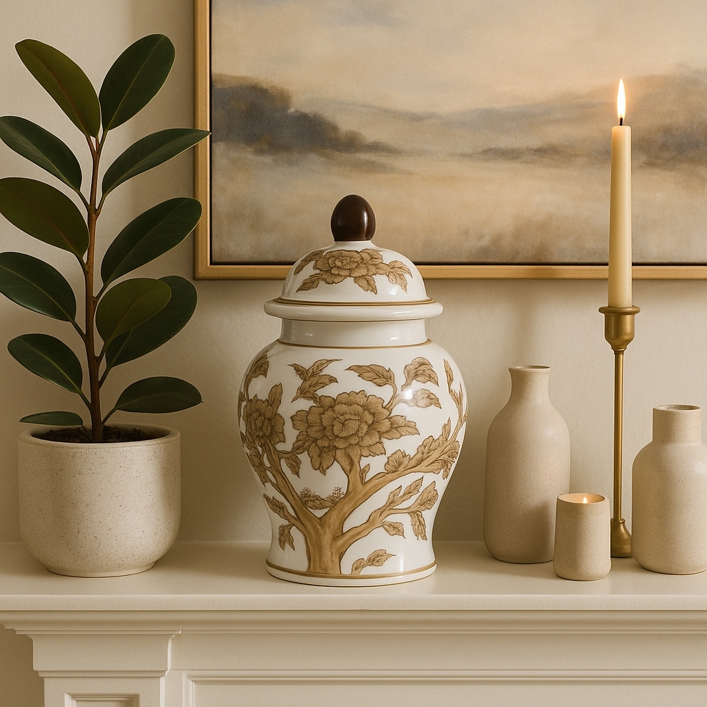 Decorative Tall Chinoiserie Jar with Lid - White & Brown, 9"
