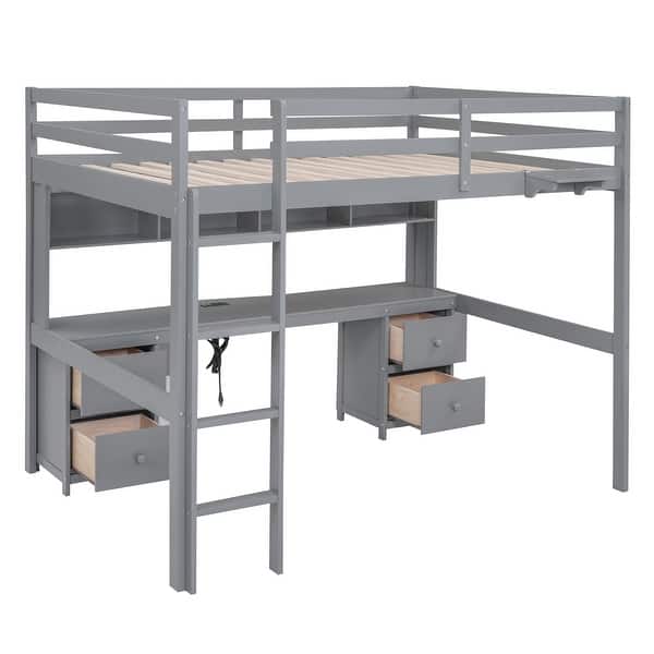 slide 2 of 11, Solid Wood Full Size Loft Bed Frame with Desk, Full LoftBeds with Storage Shelves, Drawers, Bedside Tray & Charging Station Gray - Full