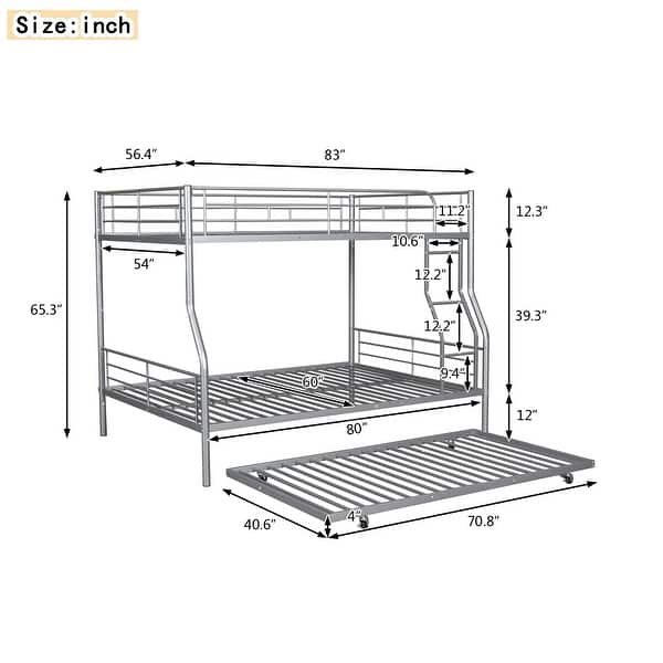 dimension image slide 2 of 6, Metal Bunk Bed with Trundle Ladder High Guardrail Heavy-Duty Steel Loft Bed Frame with Safety Rail Able to Split