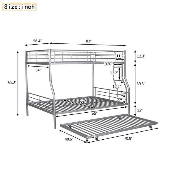 dimension image slide 3 of 6, Metal Bunk Bed with Trundle and Guardrail, Convertible to Two Beds