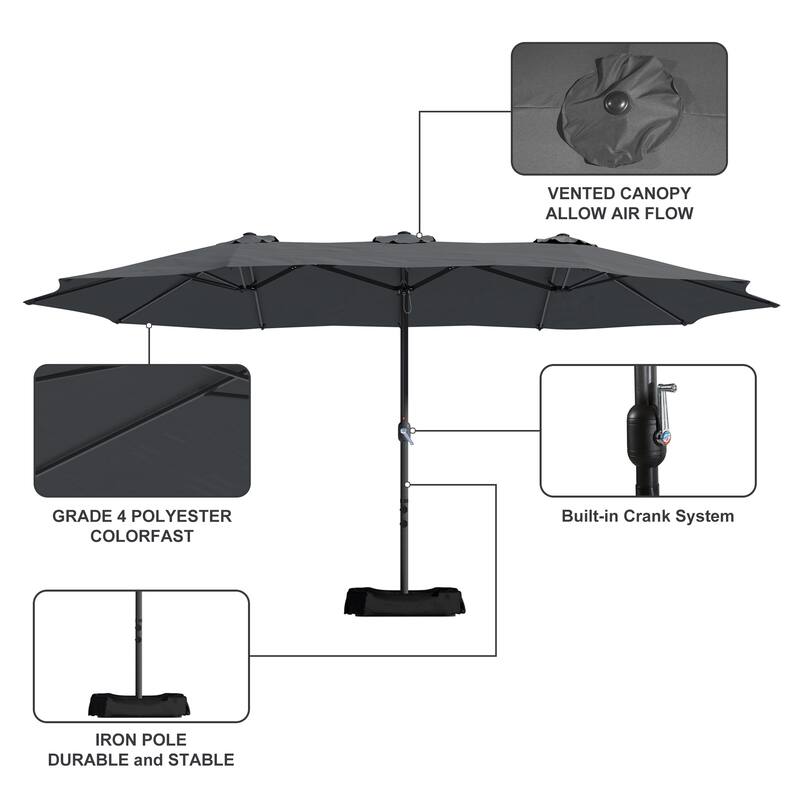 Clihome 15 Ft Outdoor Rectangular Crank Market Umbrella with Base