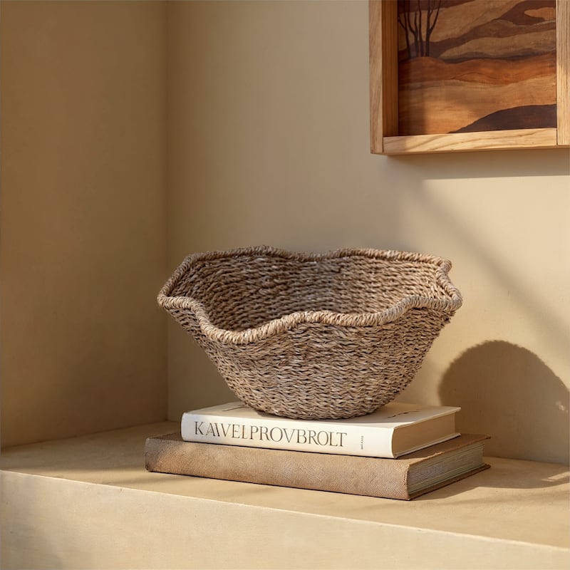 Ruffled Bankuan and Rattan Decorative Bowl - 15.0"L x 15.0"W x 7.5"H