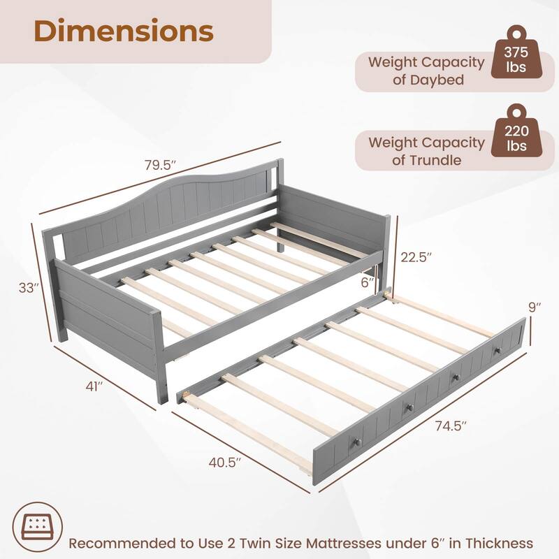 Costway Twin Size Daybed with Trundle Solid Wood Sofa Bed with Slats