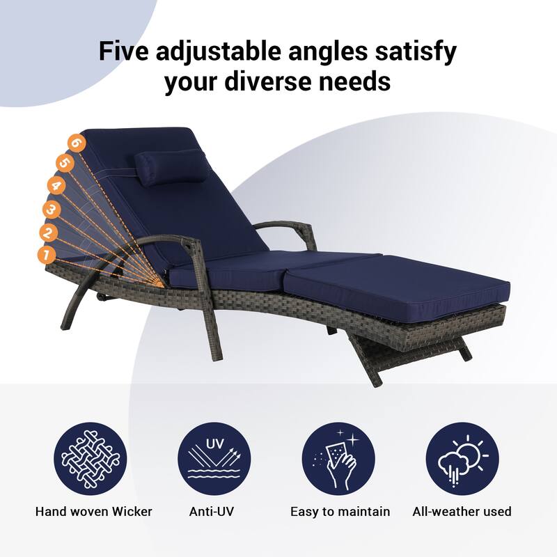 Outdoor Wicker Reclining Lounge Chairs Set of 2 with Cushions – Adjustable, Lawn Chairs for Patio, Poolside, and Garden