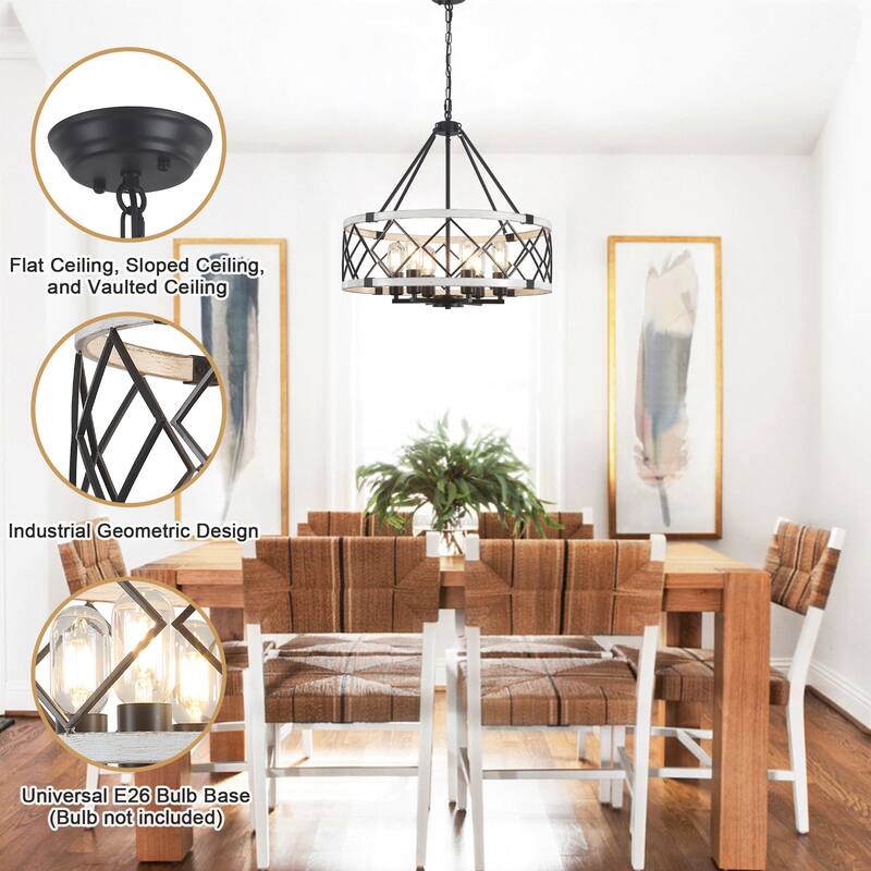 Industrial 6- Light Classic Geometric Drum Dimmable Chandelier for Kitchen Island Living Room