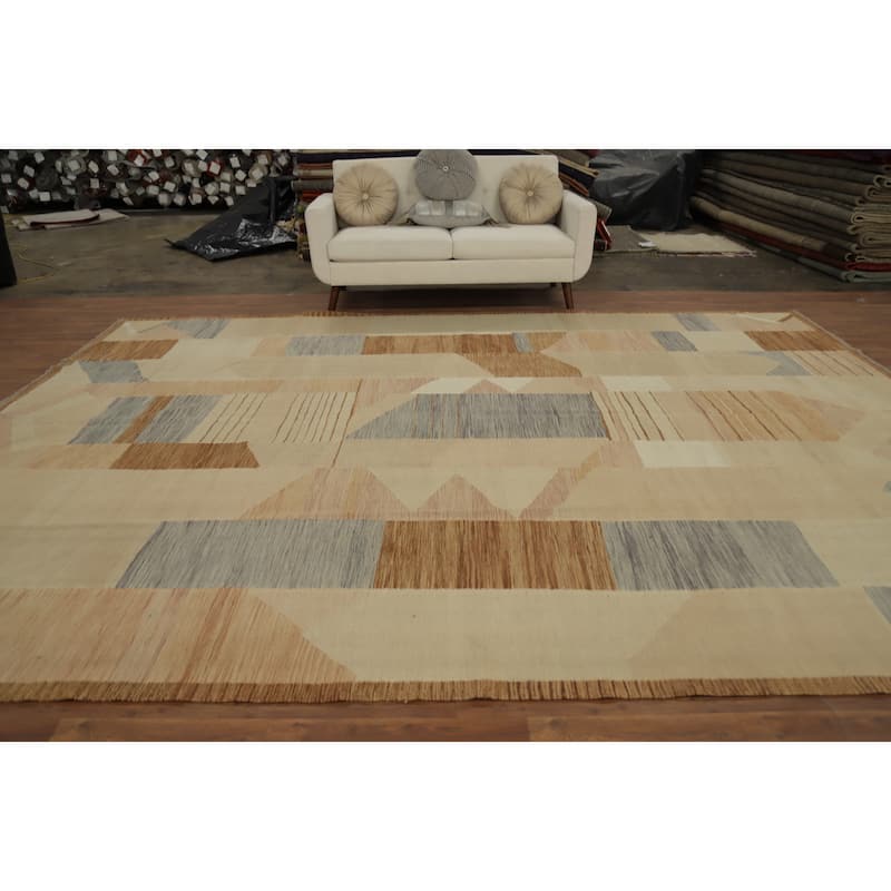 Hand Woven Oriental 100% Wool Carpet Southwestern Modern Beige & Ivories Kilim Area Rug - 13' 4'' X 9' 7''