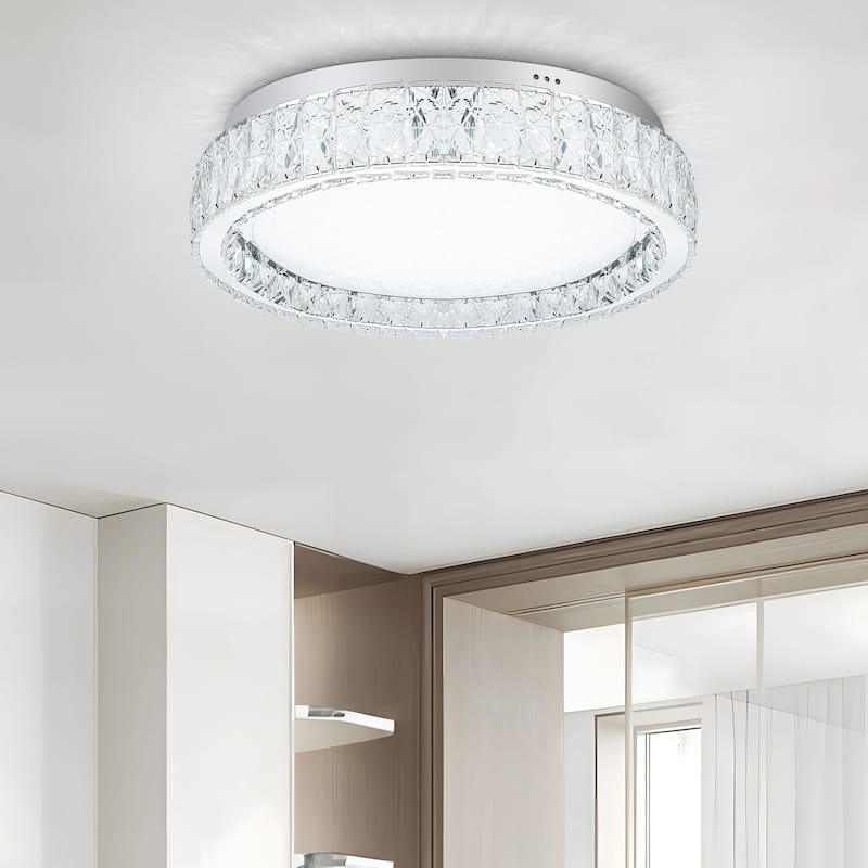 Chrome LED Flush Mount Ceiling Light With Clear Crystal Accents