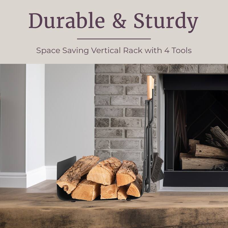 Lavish Home 5PC Fireplace Tool Set with Firewood Rack Stand (Black)