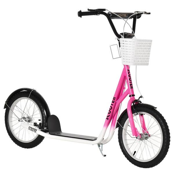 slide 2 of 5, Adjustable Kick Scooter with Inflatable Tires, Dual Brakes, Basket, and Kickstand - Perfect for Kids and Teens Pink