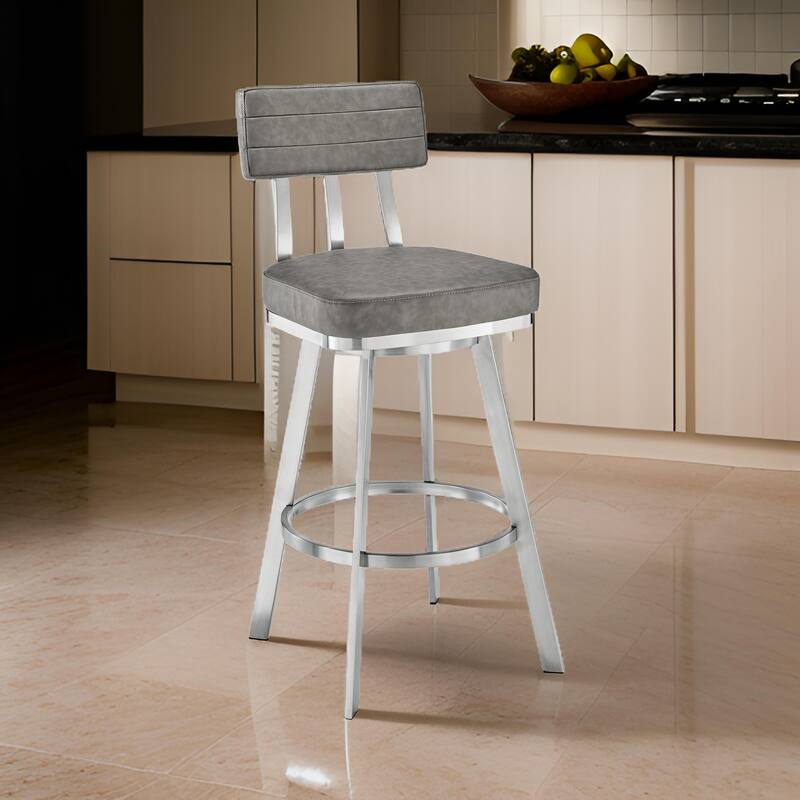Poni 26 Inch Swivel Counter Stool Chair, Cushioned Seat, Gray Faux Leather