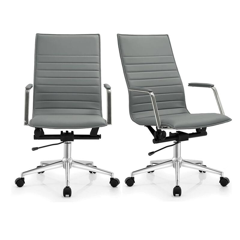 Set of 2 High Back Office Desk Chair | Upholstered Ribbed PU Leather | Armchair for Home, Executive, Conference, Meetings - Grey