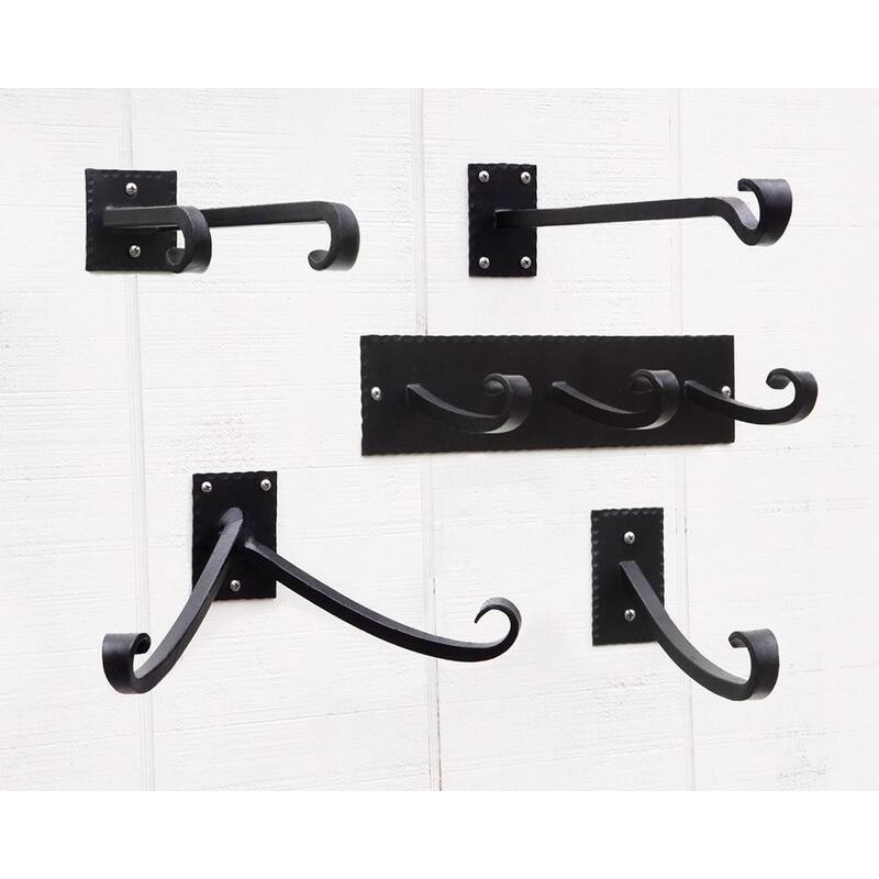 Achla Designs Set of 2 Lodge Up Curled Brackets w/Multiple Hooks, 7.75 Inch Long, Black Powder Coat Finish