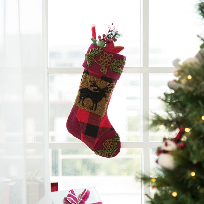 Glitzhome 19"L Plaid Hooked Stocking Reindeer Bear