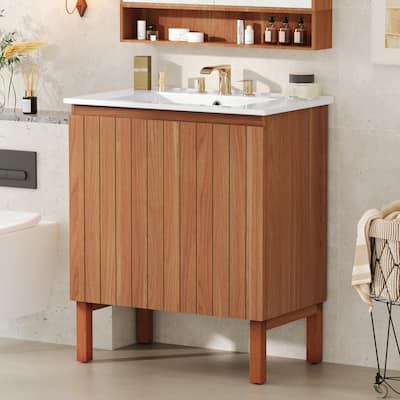 Roomfitters 30" Modern Bathroom Vanity with Ceramic Sink, Minimalist Cabinet with Vertical Stripe Design, Antique Natural
