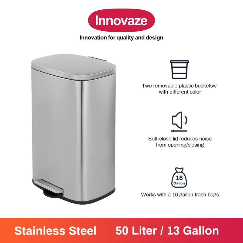 Innovaze 13 Gal./50 Liter Oval Shape Stainless Steel Step-on Trash Can for Kitchen