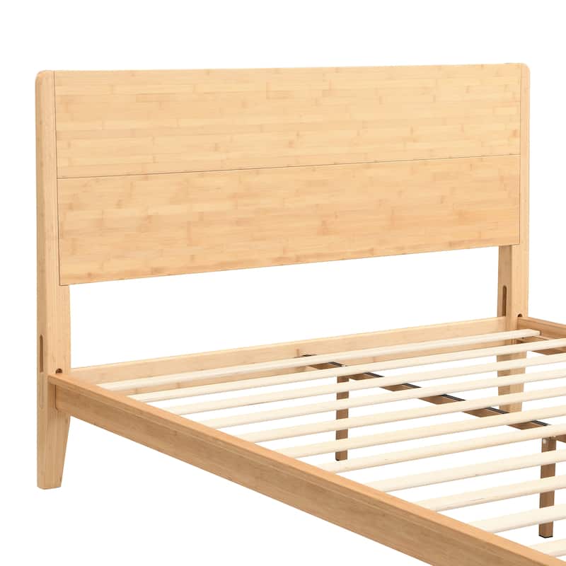 Bamboo Wood Platform Bed/Mid-Century Modern Bed Frame with Tall Headboard/Wood Slat Support/No Box Spring Needed/Easy Assembly
