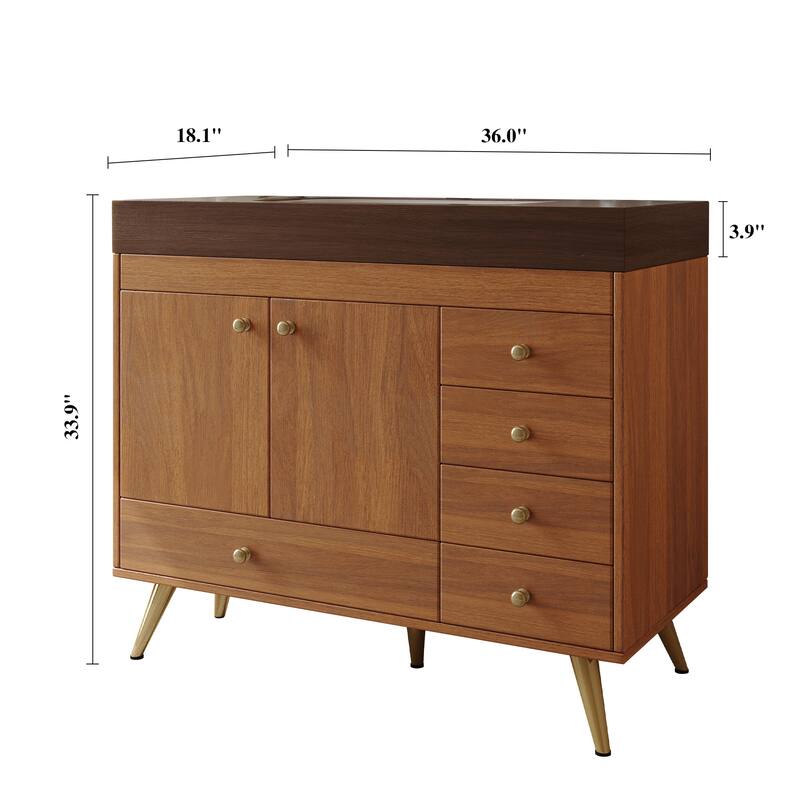 36" Freestanding Bathroom Vanity with Faux Marble Top, Ceramic Sink, 5 Drawers & Stainless Steel Legs