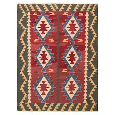 ECARPETGALLERY Flat-Weave Bold and Colorful Red Wool Kilim - 5'10 x 7'8