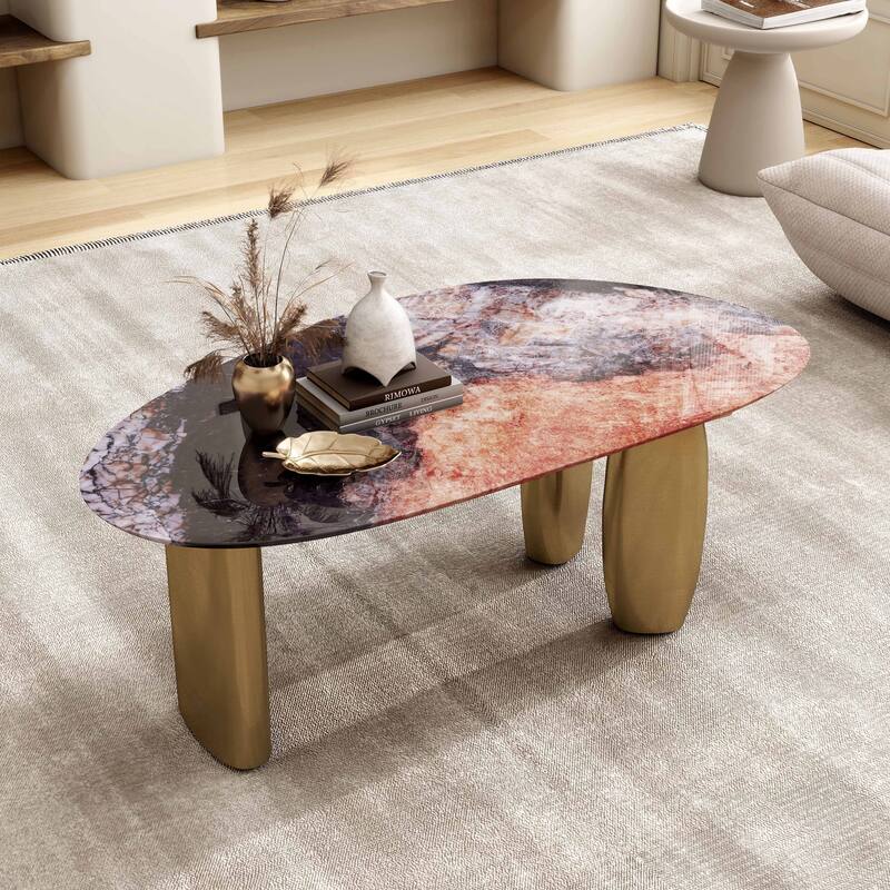 Furniture of America Luvien Modern Multi-Color Sintered Stone Top Coffee Table with Gold Legs
