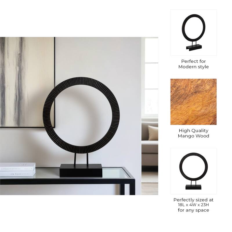 Wood and Iron Ring Sculpture on Base with Modern Grooved Texture