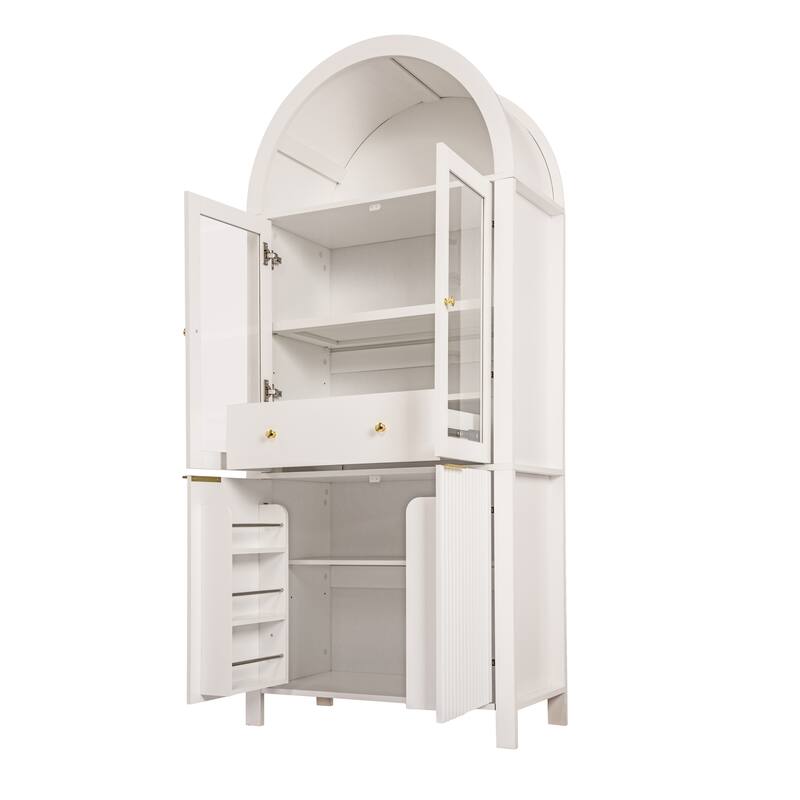 71" Fluted Tall Pantry Cabinet with Arched Glass Door, Hidden Drawer, Wood Display Storage Cabinet with Adjustable Shelves