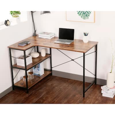 JJS L-Shaped Home Office Corner Writing Computer Desk with Build-in Bookcase